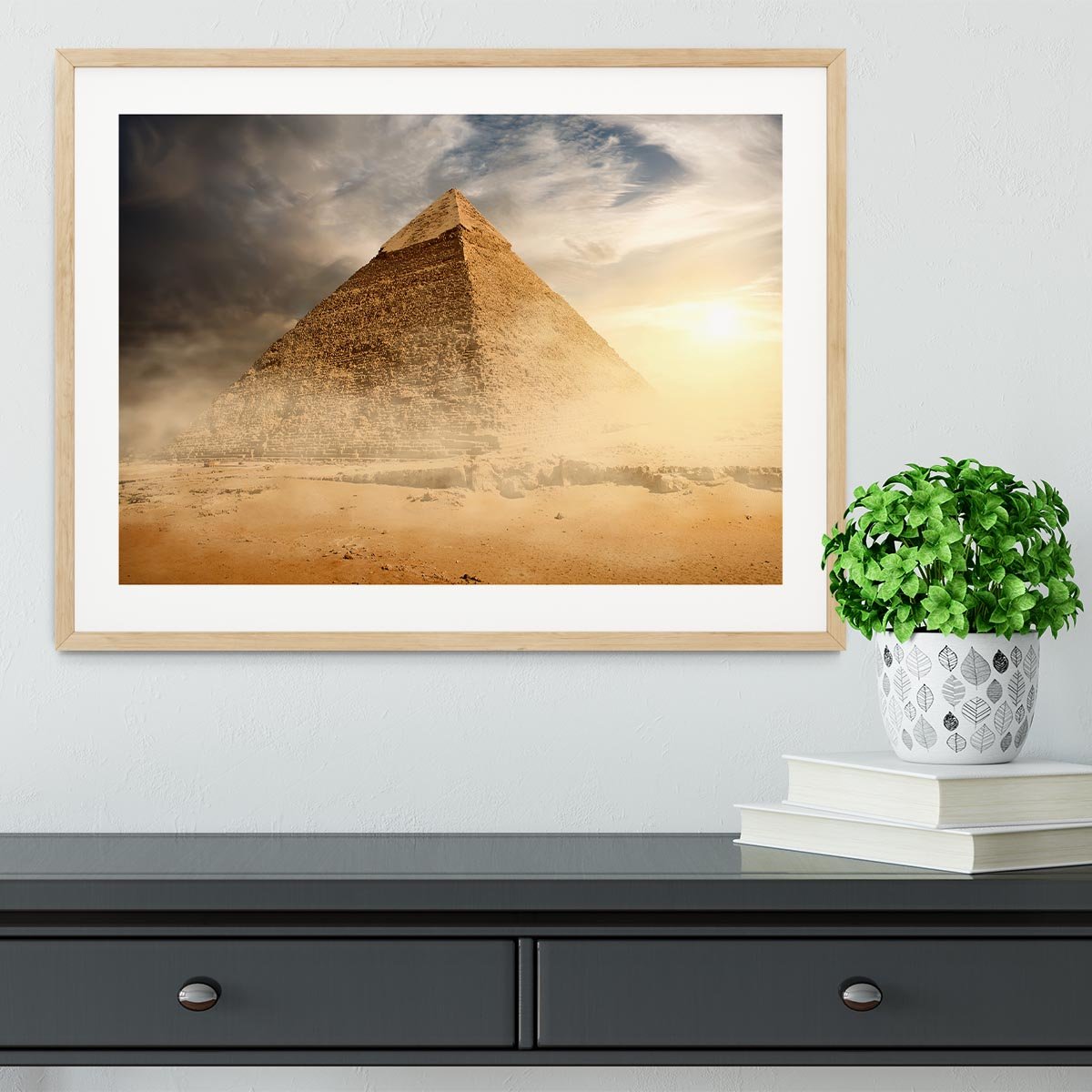 Pyramid in sand dust under clouds Framed Print - Canvas Art Rocks - 3