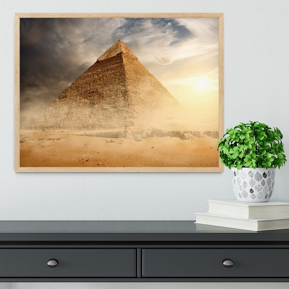 Pyramid in sand dust under clouds Framed Print - Canvas Art Rocks - 4