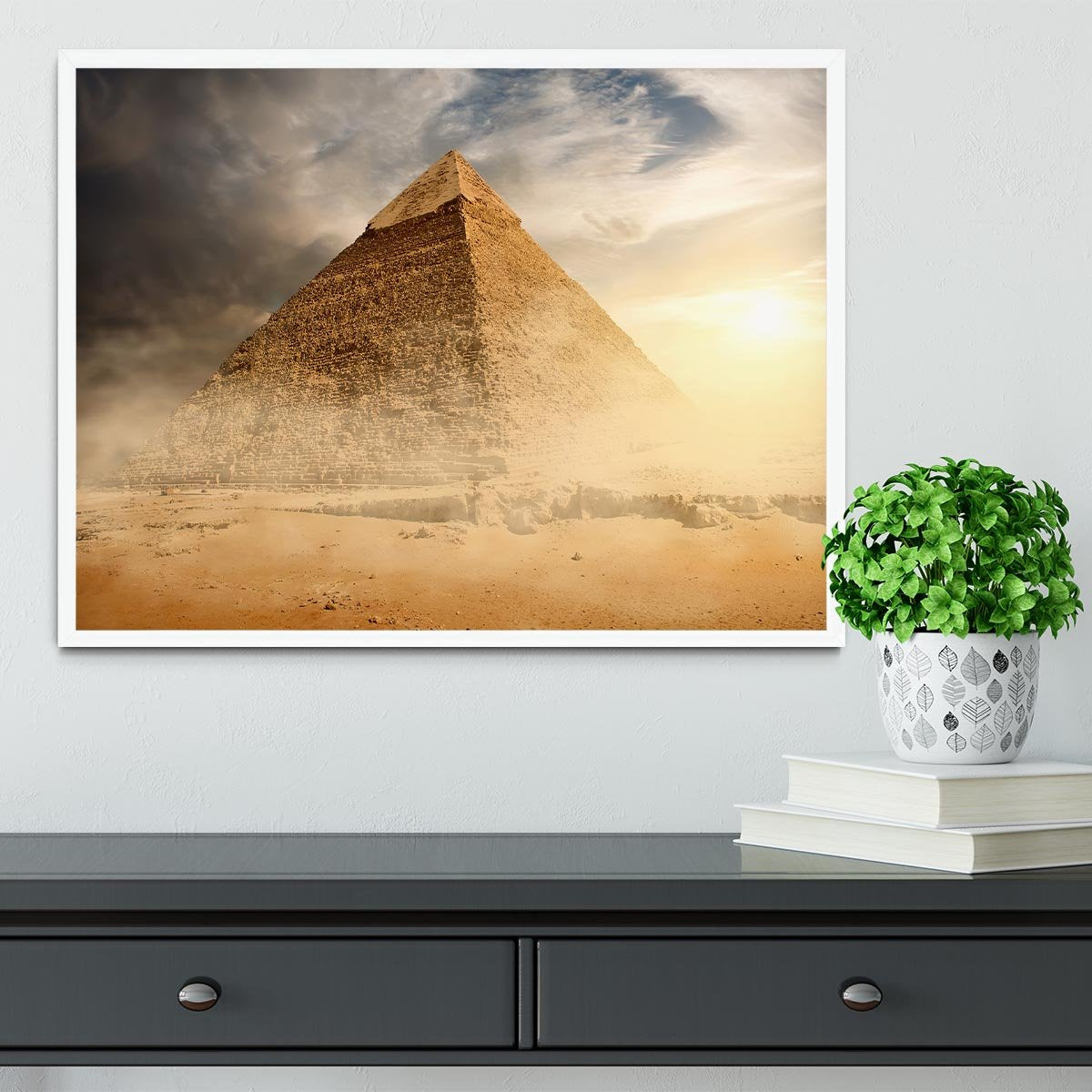 Pyramid in sand dust under clouds Framed Print - Canvas Art Rocks -6
