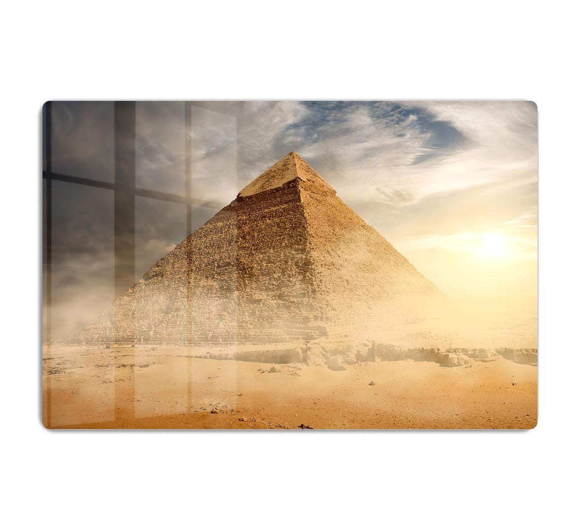 Pyramid in sand dust under clouds HD Metal Print