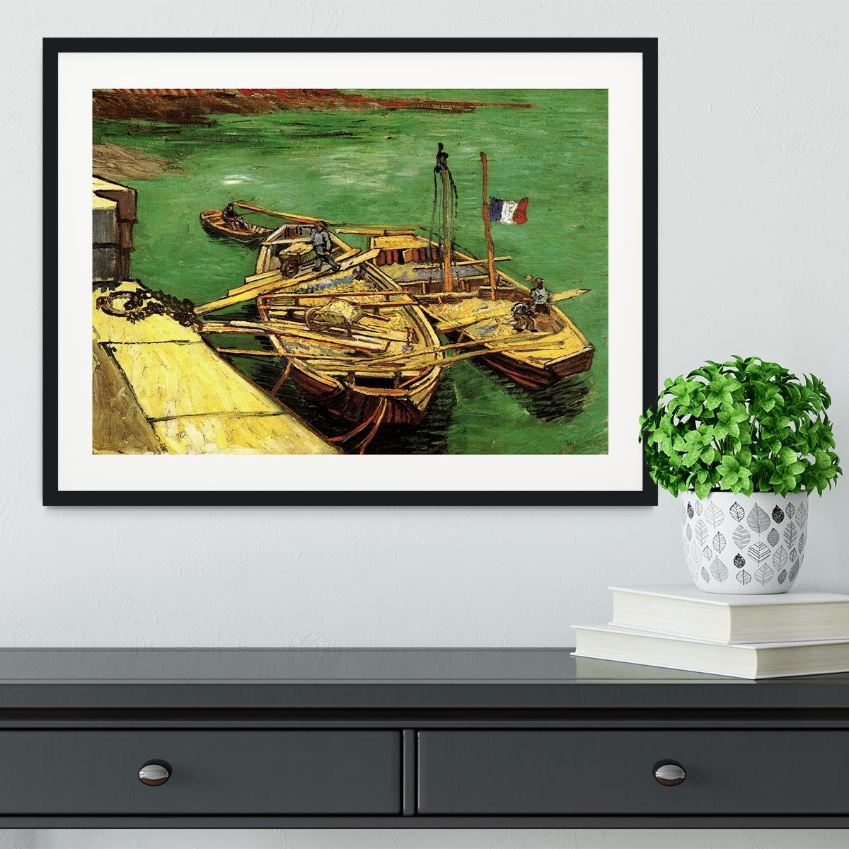 Quay with Men Unloading Sand Barges by Van Gogh Framed Print - Canvas Art Rocks - 1