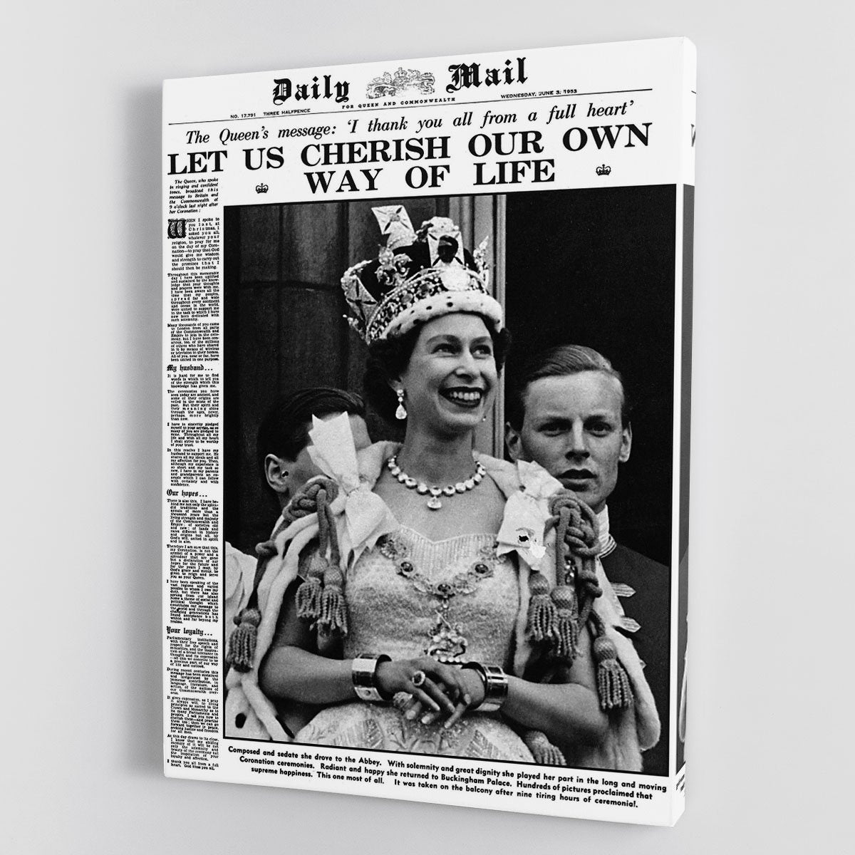 Queen Elizabeth II Coronation Daily Mail front page 3 June 1953 Canvas Print or Poster