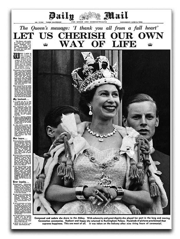 Queen Elizabeth II Coronation Daily Mail front page 3 June 1953 Canvas Print or Poster  - Canvas Art Rocks - 1