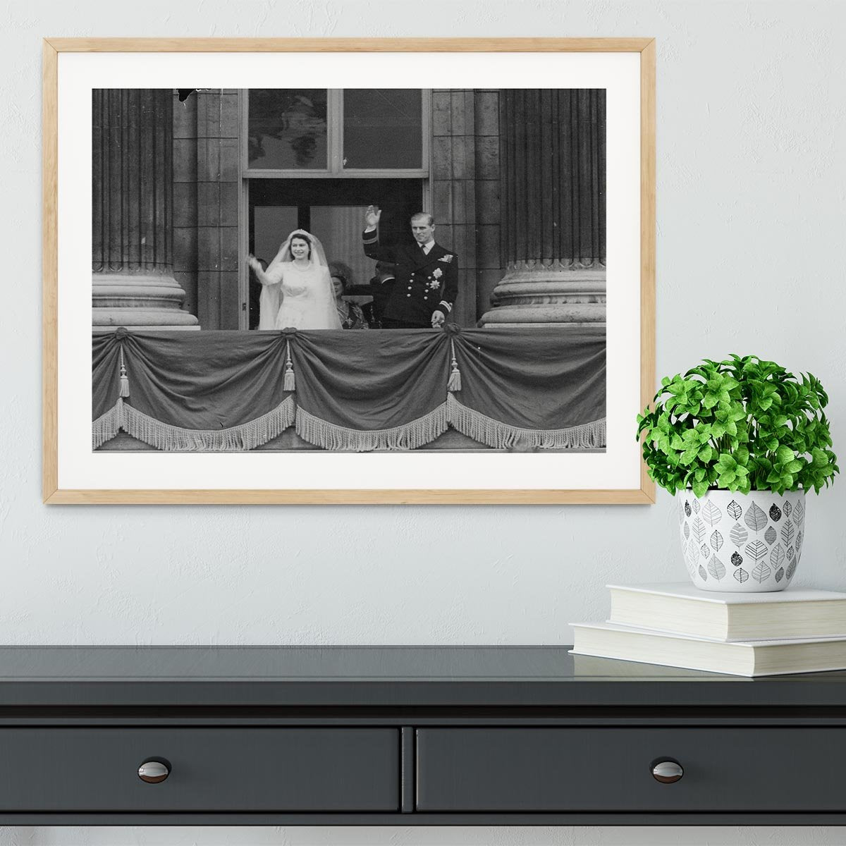 Queen Elizabeth II Wedding the couple wave from the balcony Framed Print - Canvas Art Rocks - 3