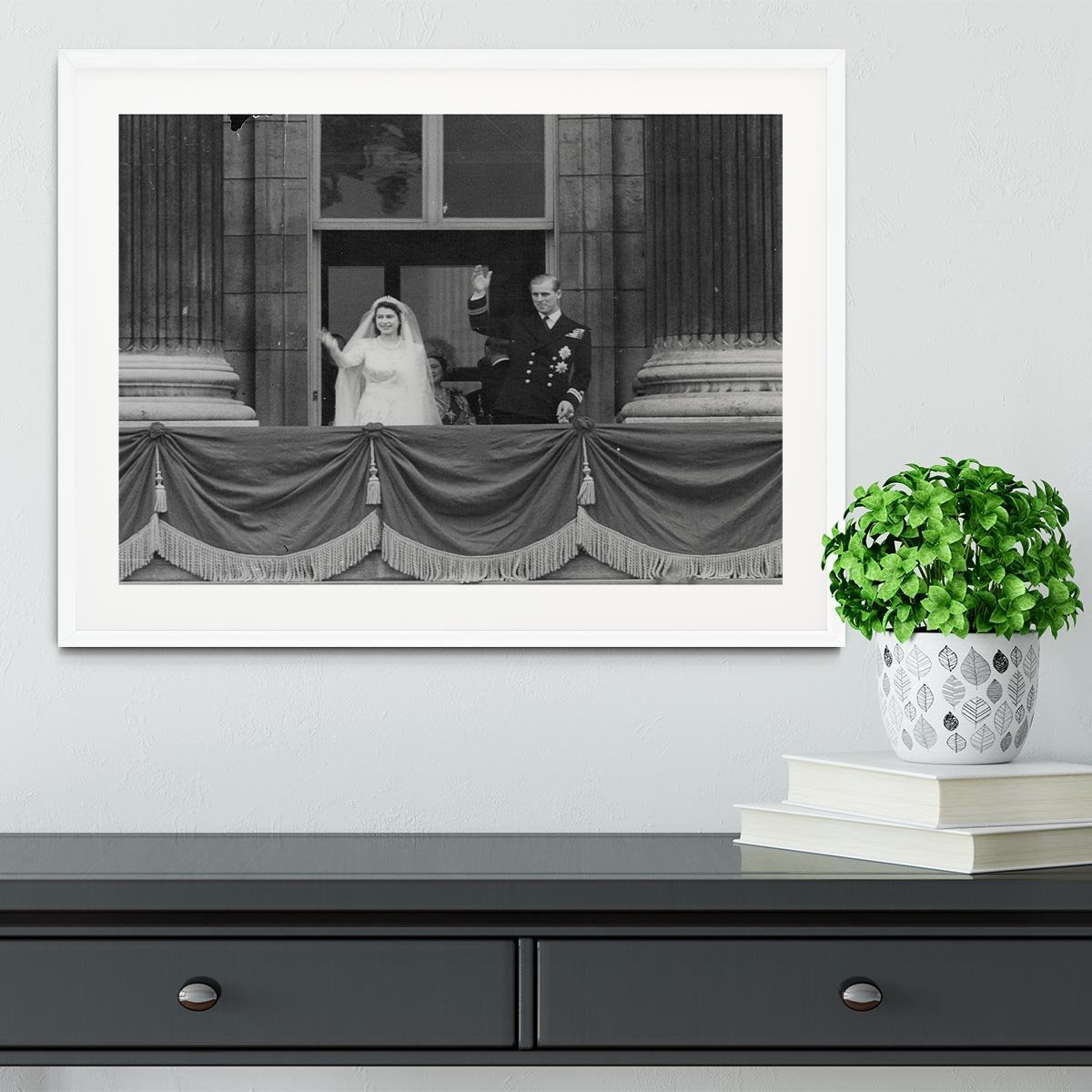 Queen Elizabeth II Wedding the couple wave from the balcony Framed Print - Canvas Art Rocks - 5