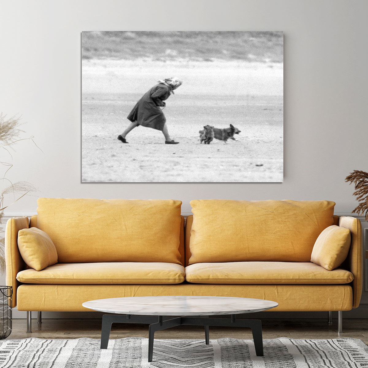 Queen Elizabeth II walking her pet corgis on a Norfolk beach Canvas Print or Poster - Canvas Art Rocks - 4