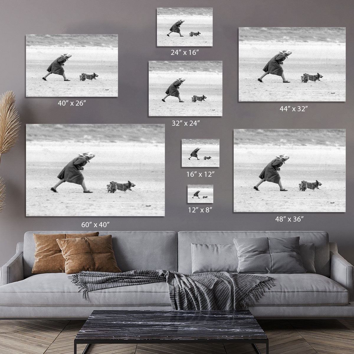 Queen Elizabeth II walking her pet corgis on a Norfolk beach Canvas Print or Poster - Canvas Art Rocks - 7