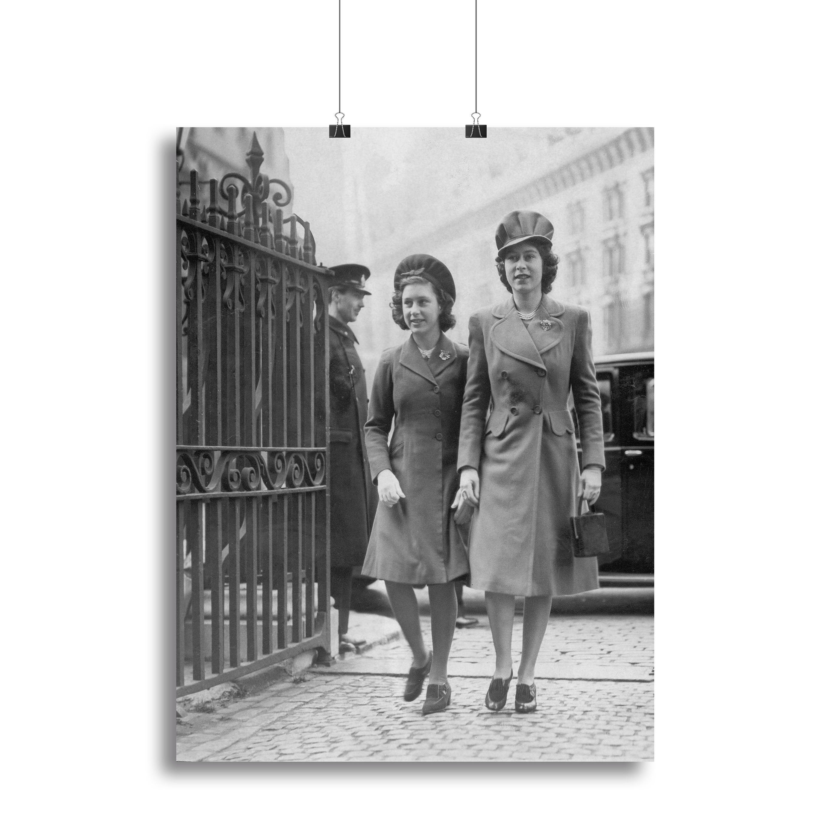 Queen Elizabeth II with Princess Margaret arriving at a wedding Canvas Print or Poster