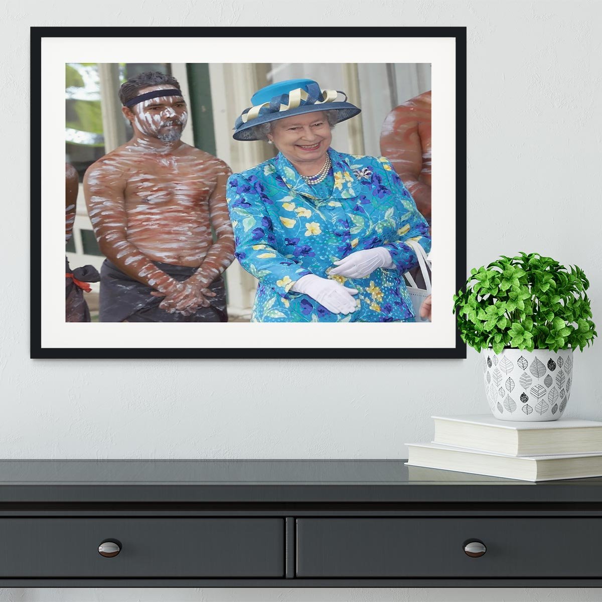 Queen Elizabeth II with an Aboriginal dancer in Australia Framed Print - Canvas Art Rocks - 1