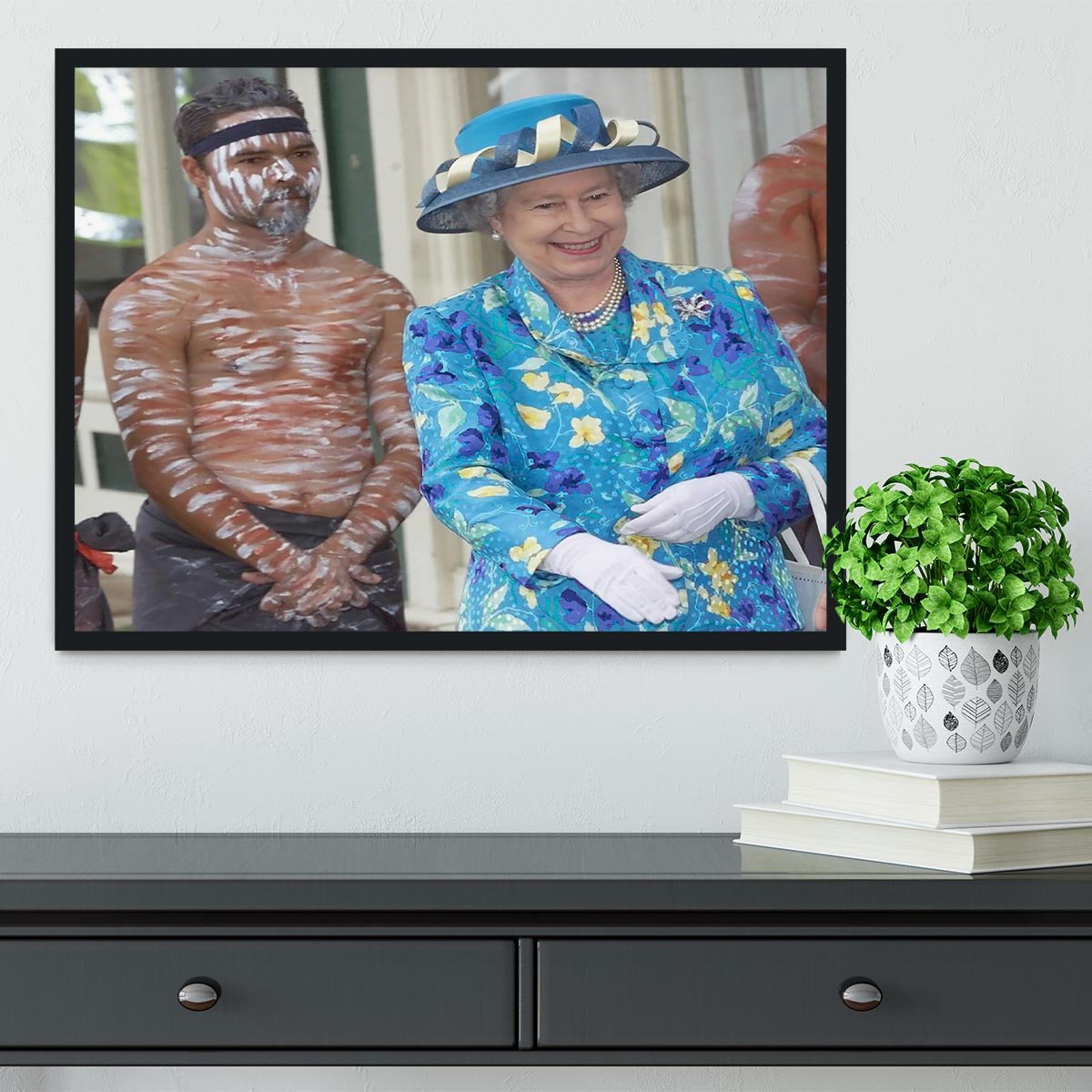 Queen Elizabeth II with an Aboriginal dancer in Australia Framed Print - Canvas Art Rocks - 2