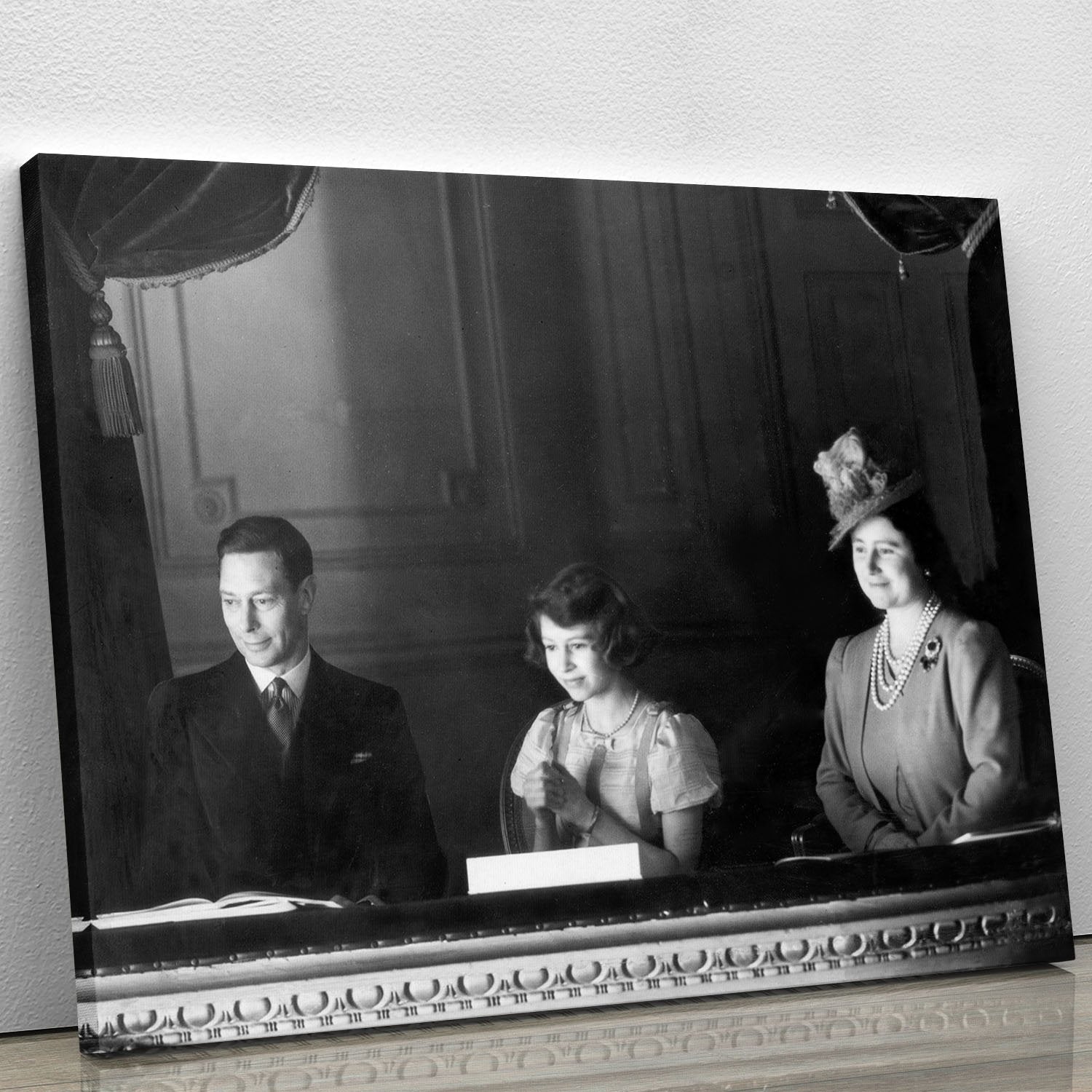 Queen Elizabeth II with her parents entranced viewing the stage Canvas Print or Poster
