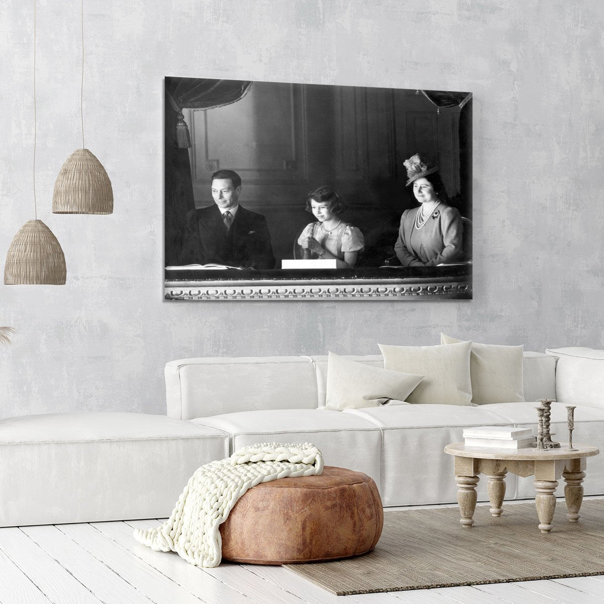Queen Elizabeth II with her parents entranced viewing the stage Canvas Print or Poster