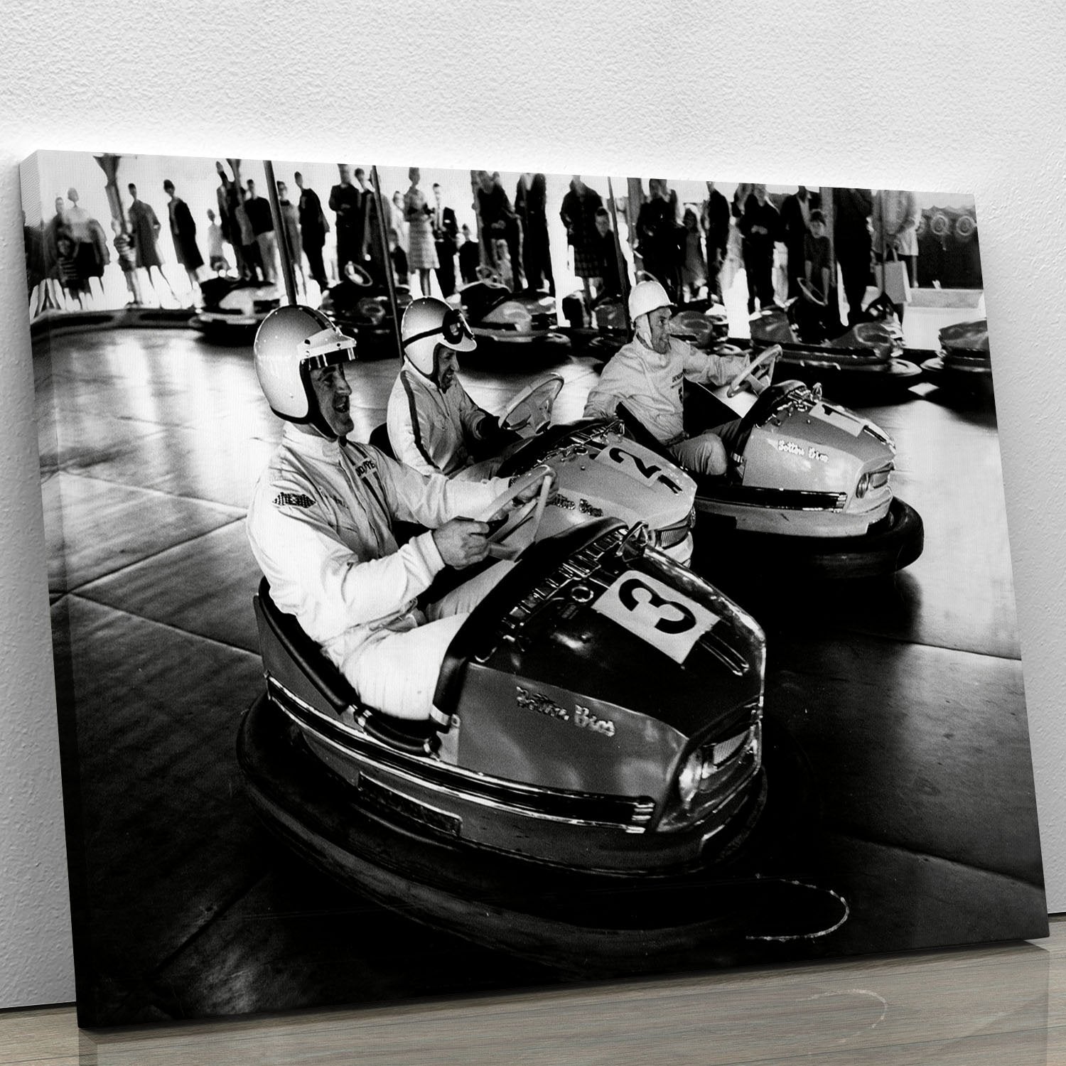 Racing drivers on the dodgems Canvas Print or Poster
