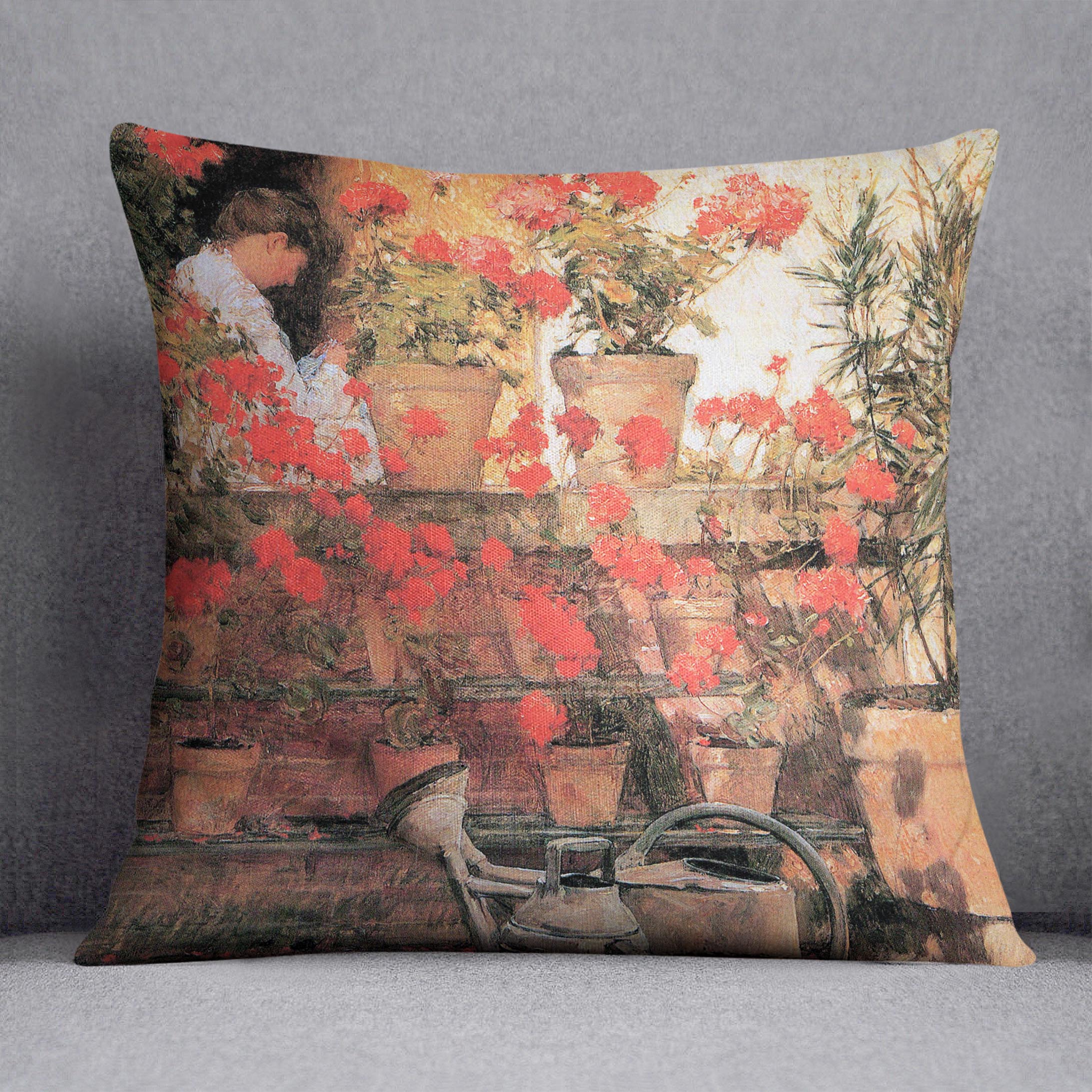 Red Geraniums by Hassam Cushion - Canvas Art Rocks - 1