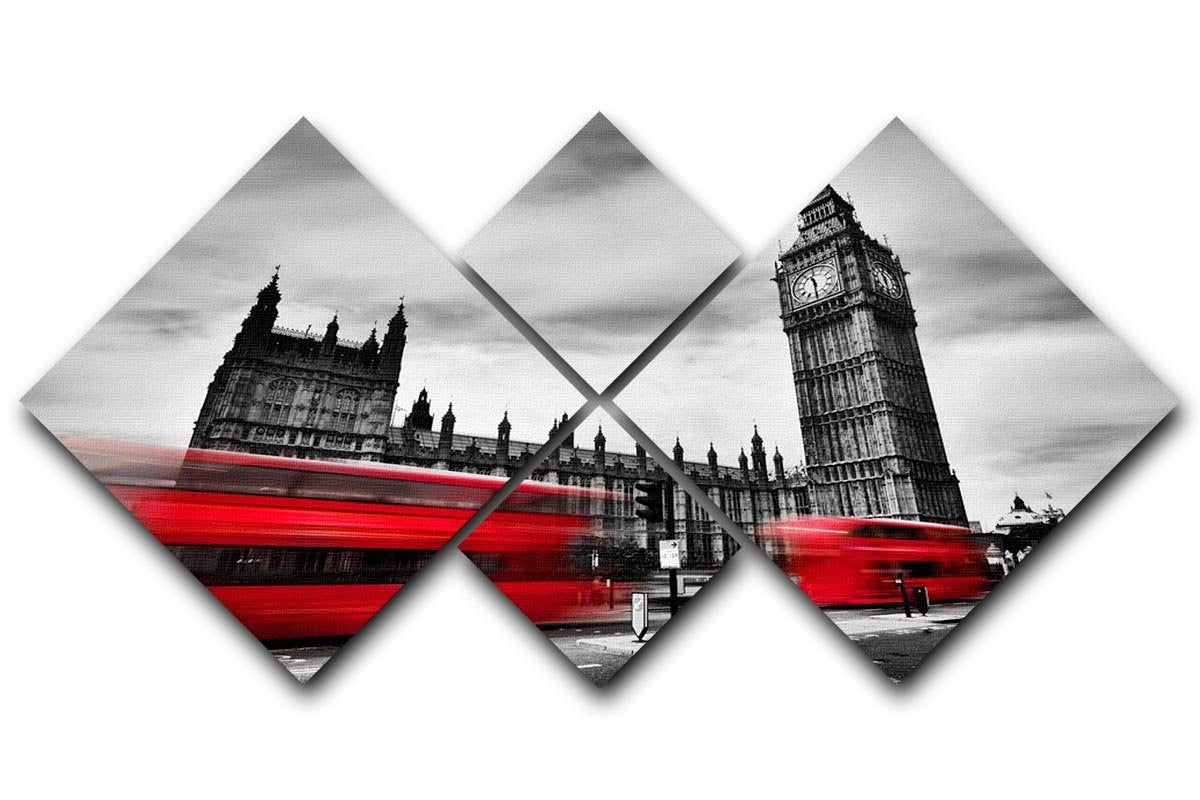 Red buses in motion and Big Ben 4 Square Multi Panel Canvas  - Canvas Art Rocks - 1