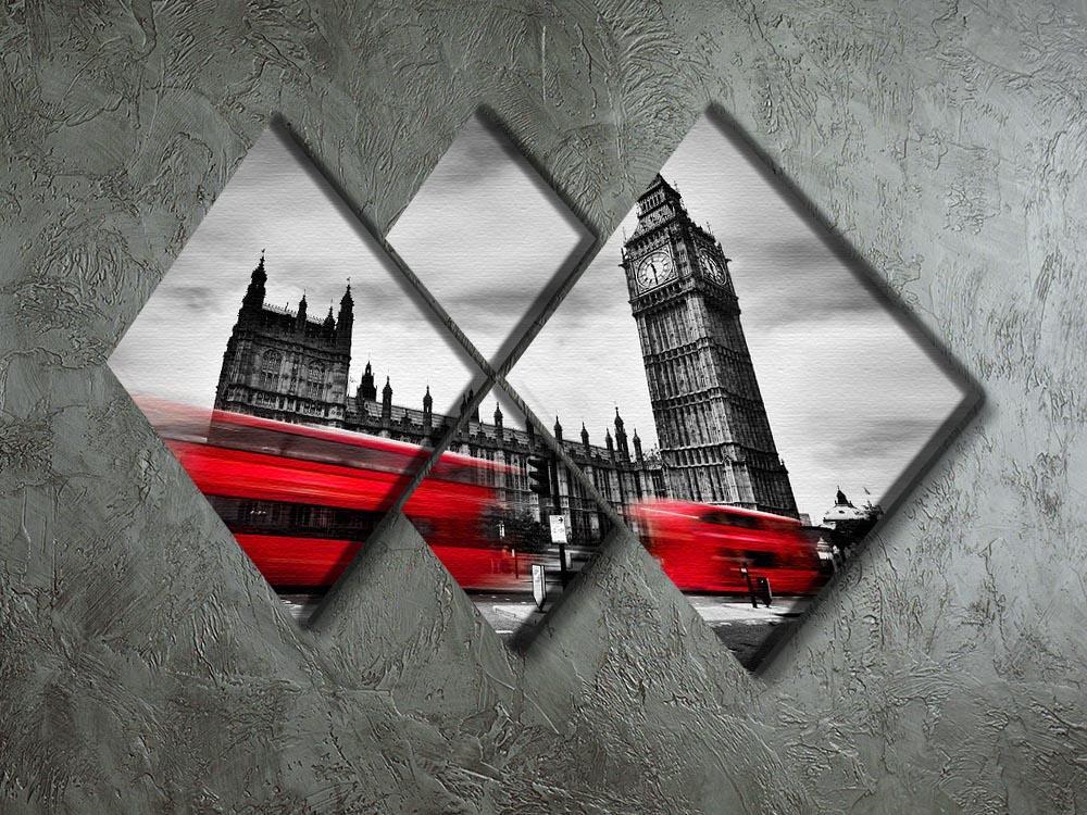Red buses in motion and Big Ben 4 Square Multi Panel Canvas  - Canvas Art Rocks - 2
