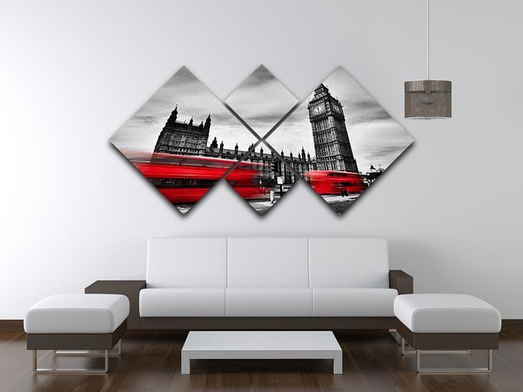 Red buses in motion and Big Ben 4 Square Multi Panel Canvas  - Canvas Art Rocks - 3