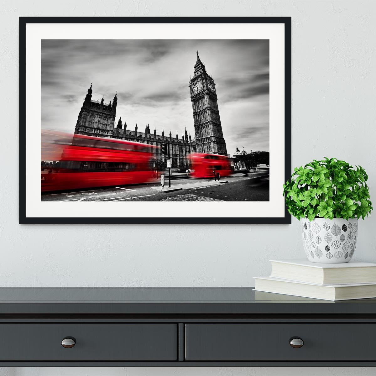 Red buses in motion and Big Ben Framed Print - Canvas Art Rocks - 1