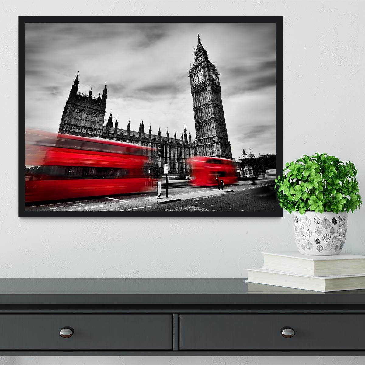 Red buses in motion and Big Ben Framed Print - Canvas Art Rocks - 2