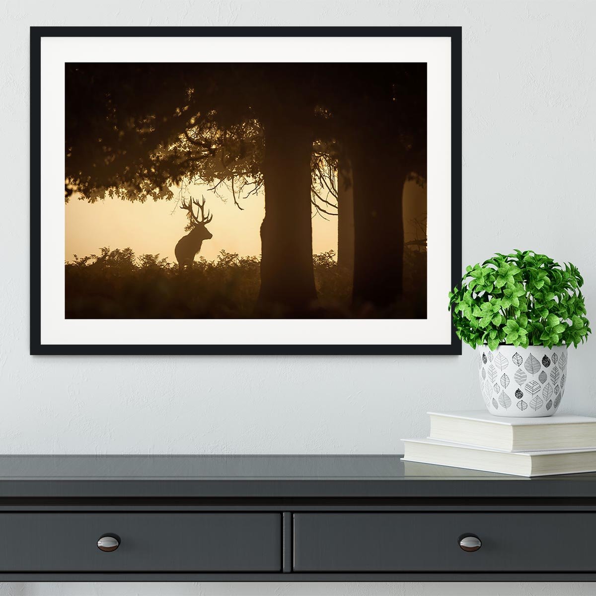 Red deer stag silhouette in forest Framed Print - Canvas Art Rocks - 1