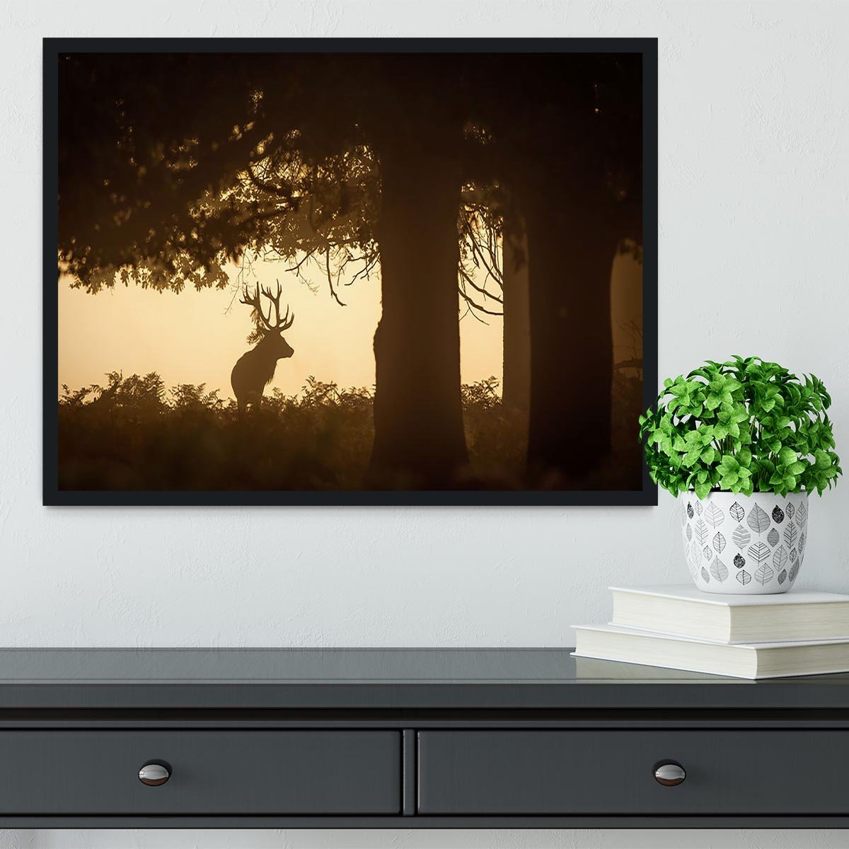Red deer stag silhouette in forest Framed Print - Canvas Art Rocks - 2