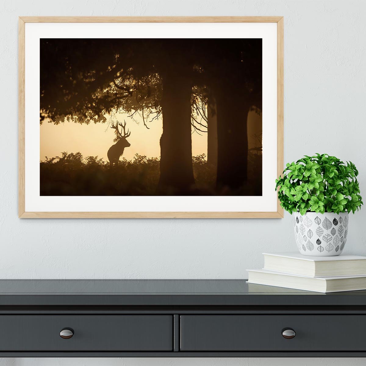 Red deer stag silhouette in forest Framed Print - Canvas Art Rocks - 3