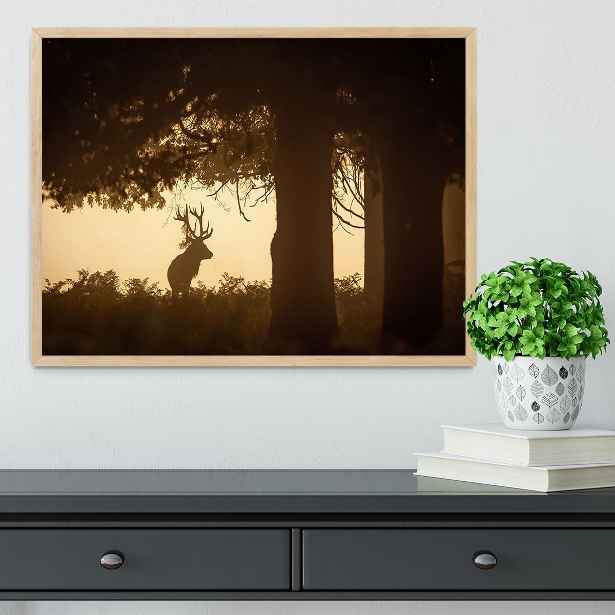 Red deer stag silhouette in forest Framed Print - Canvas Art Rocks - 4