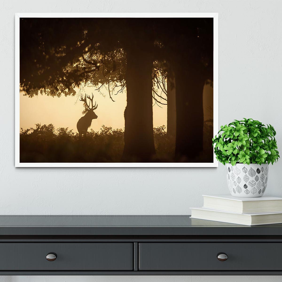 Red deer stag silhouette in forest Framed Print - Canvas Art Rocks -6