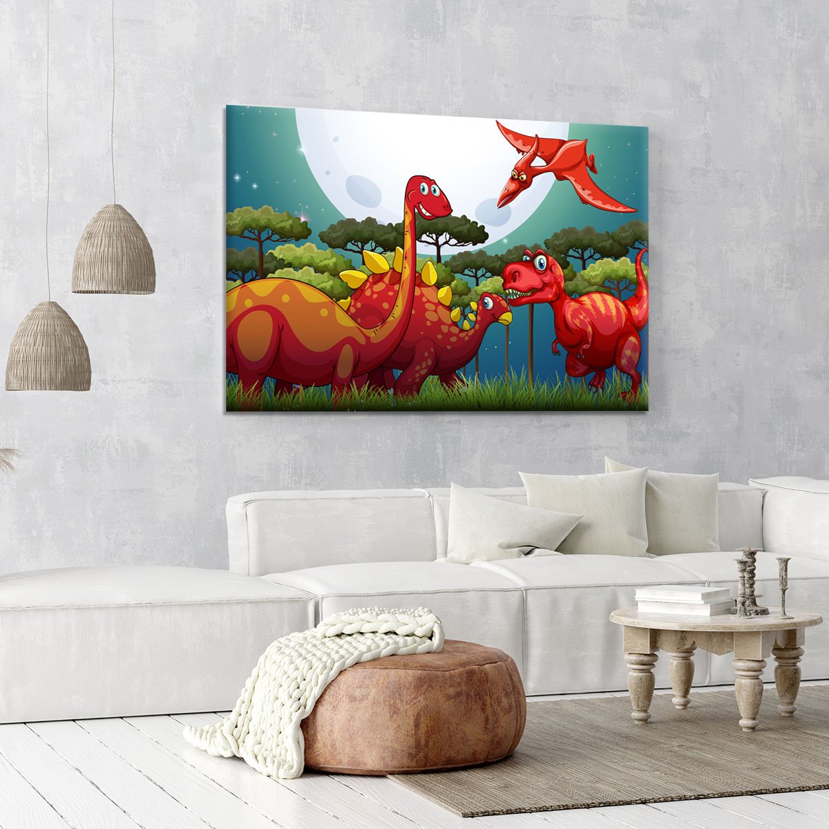 Red dinosuars under full moon Canvas Print or Poster