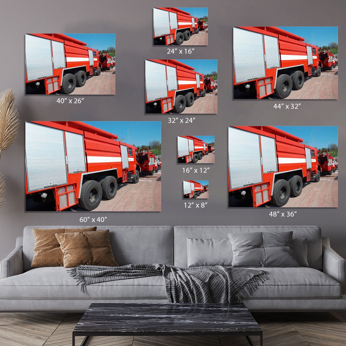 Red fire engine standing on the road Canvas Print or Poster