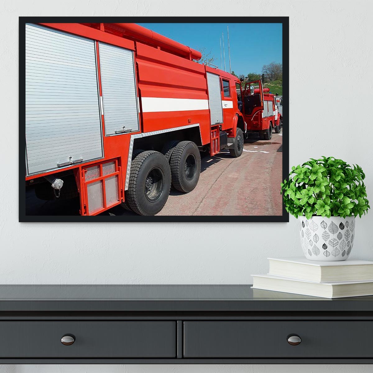 Red fire engine standing on the road Framed Print - Canvas Art Rocks - 2