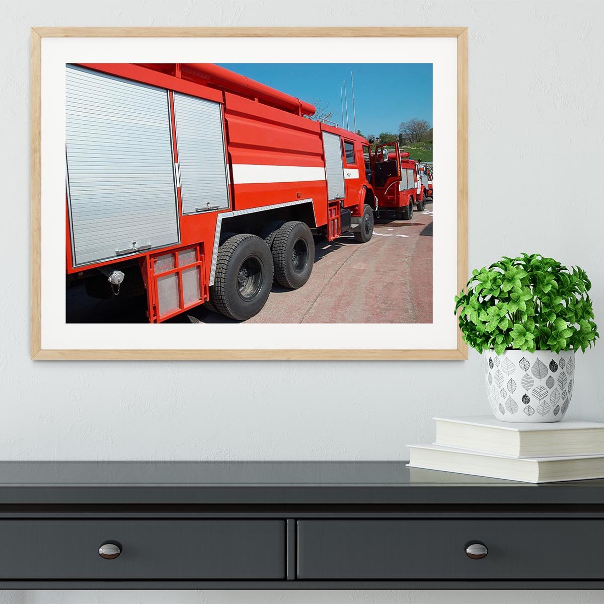 Red fire engine standing on the road Framed Print - Canvas Art Rocks - 3
