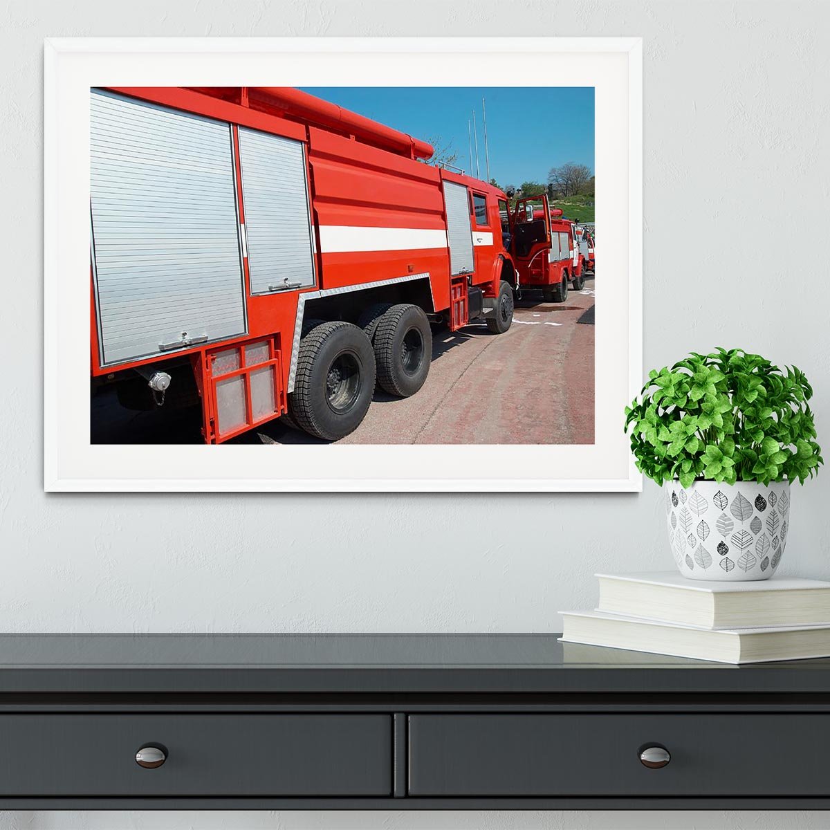 Red fire engine standing on the road Framed Print - Canvas Art Rocks - 5