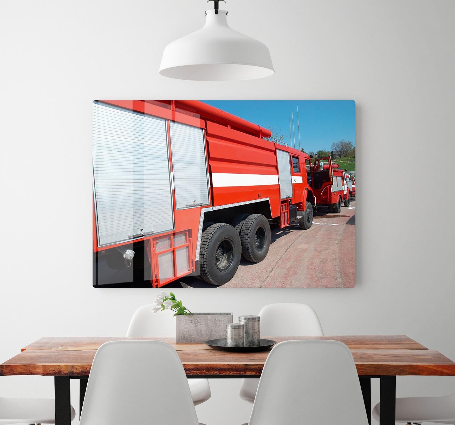 Red fire engine standing on the road HD Metal Print