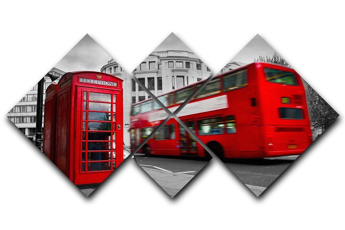 Red phone booth and red bus 4 Square Multi Panel Canvas  - Canvas Art Rocks - 1