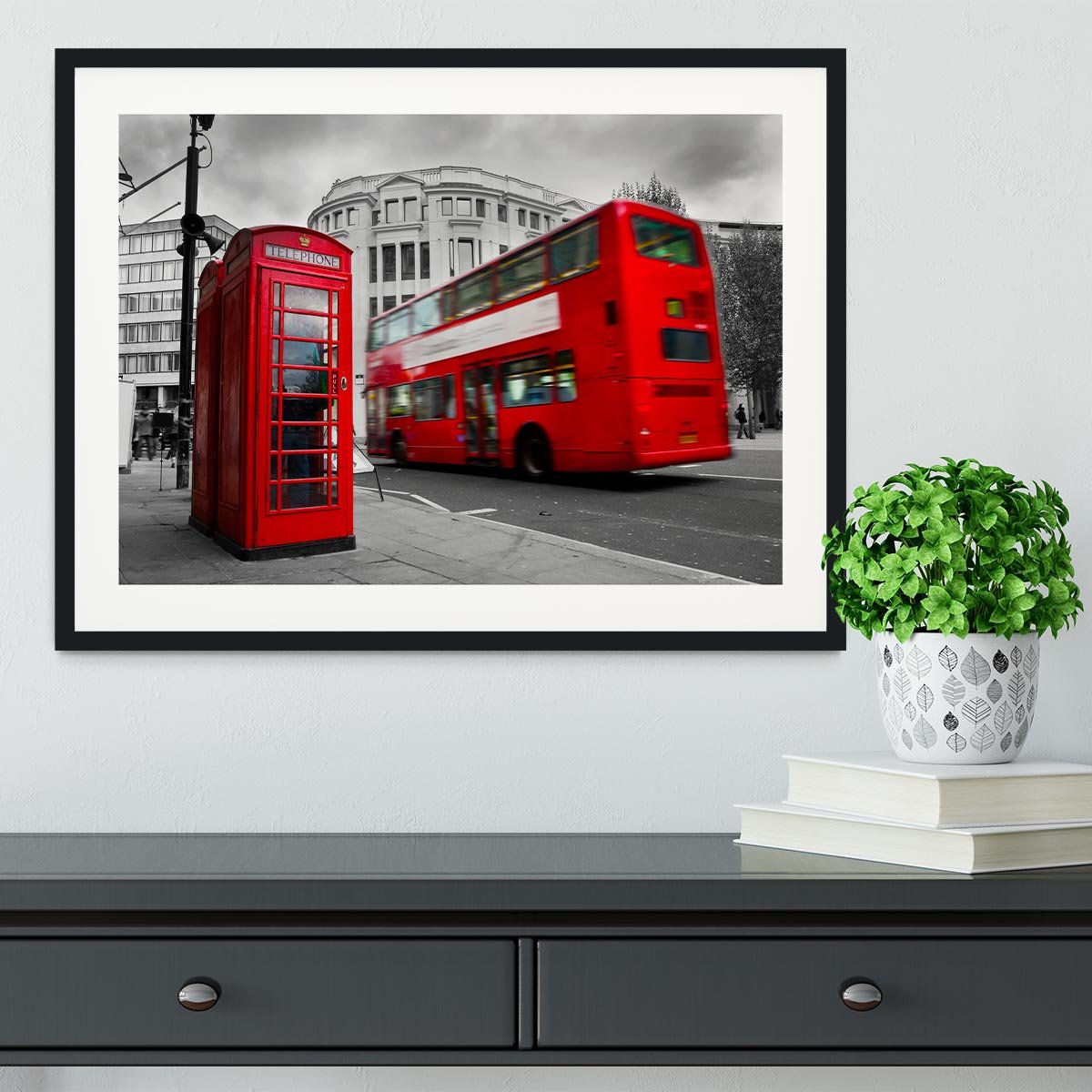 Red phone booth and red bus Framed Print - Canvas Art Rocks - 1