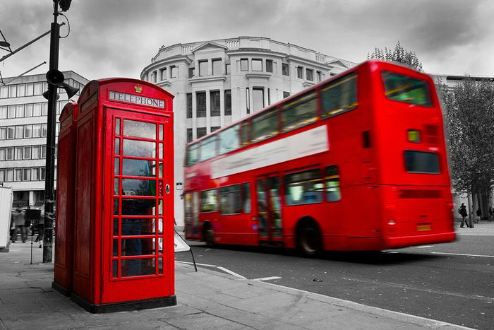 Red phone booth and red bus Wall Mural Wallpaper