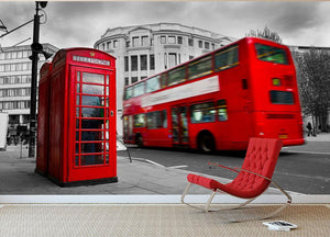 Red phone booth and red bus Wall Mural Wallpaper - Canvas Art Rocks - 2
