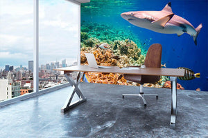 Reef with a variety of hard and soft corals and shark Wall Mural Wallpaper - Canvas Art Rocks - 3