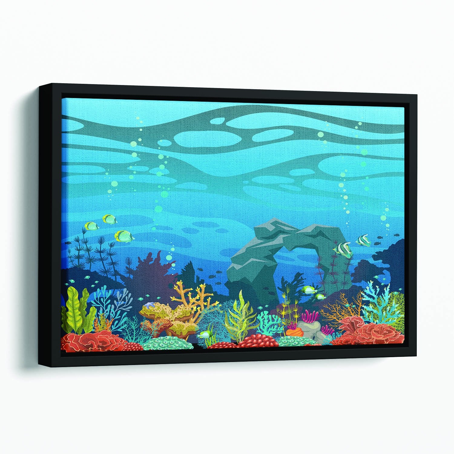 Reef with fish and stone arch Floating Framed Canvas