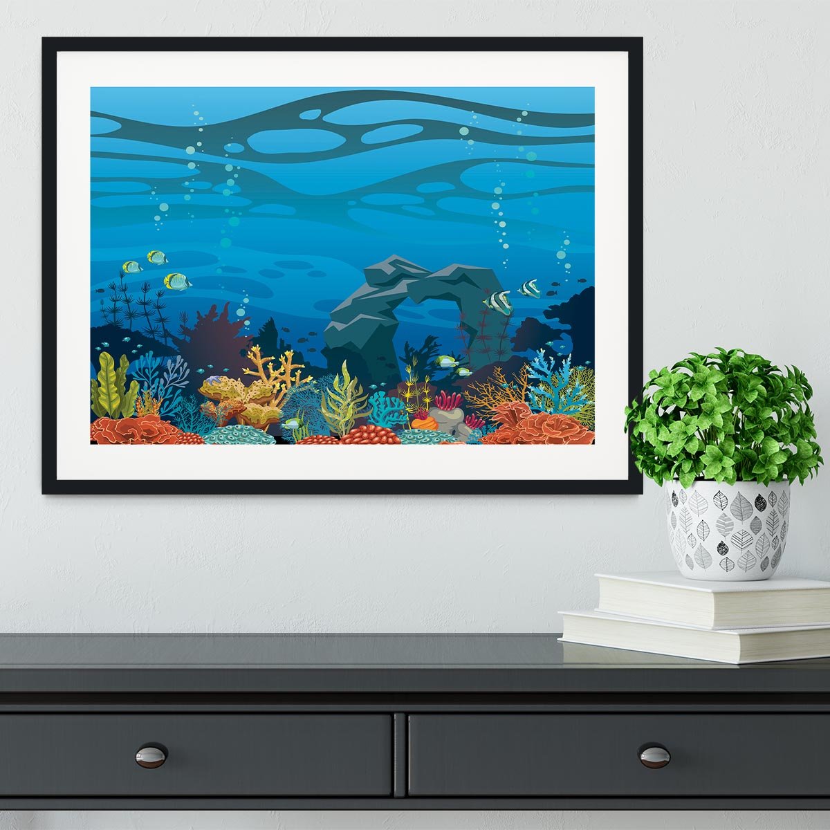 Reef with fish and stone arch Framed Print - Canvas Art Rocks - 1