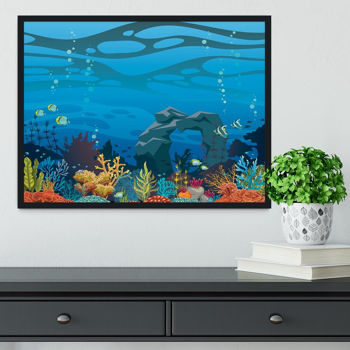 Reef with fish and stone arch Framed Print - Canvas Art Rocks - 2