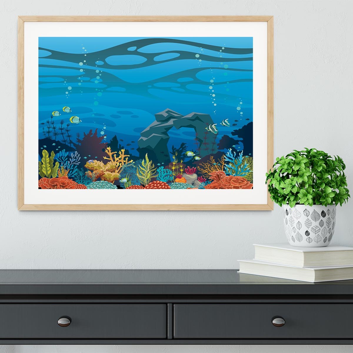 Reef with fish and stone arch Framed Print - Canvas Art Rocks - 3