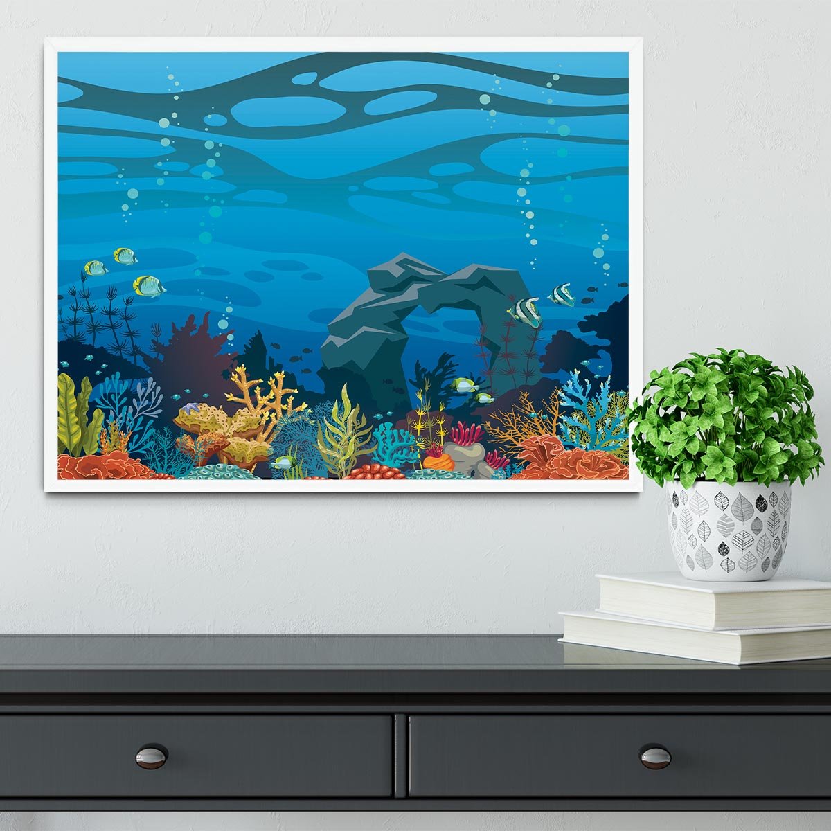 Reef with fish and stone arch Framed Print - Canvas Art Rocks -6