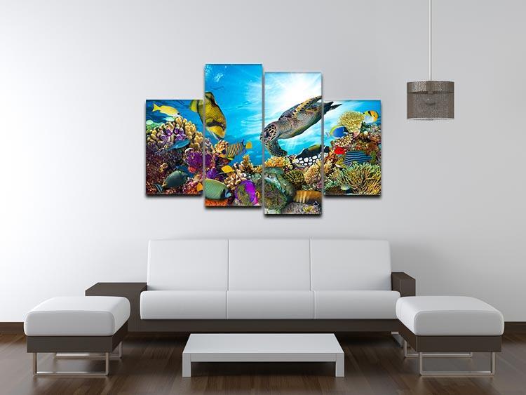 Reef with many fishes and sea turtle 4 Split Panel Canvas  - Canvas Art Rocks - 3