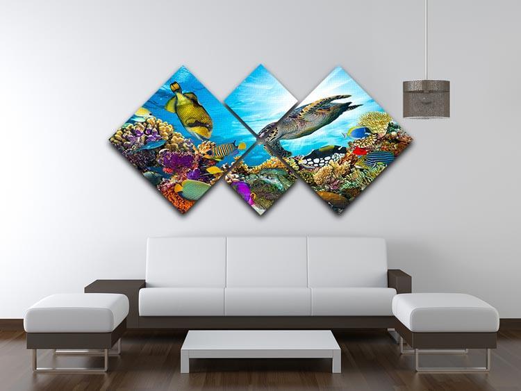 Reef with many fishes and sea turtle 4 Square Multi Panel Canvas  - Canvas Art Rocks - 3