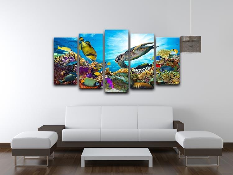 Reef with many fishes and sea turtle 5 Split Panel Canvas  - Canvas Art Rocks - 3
