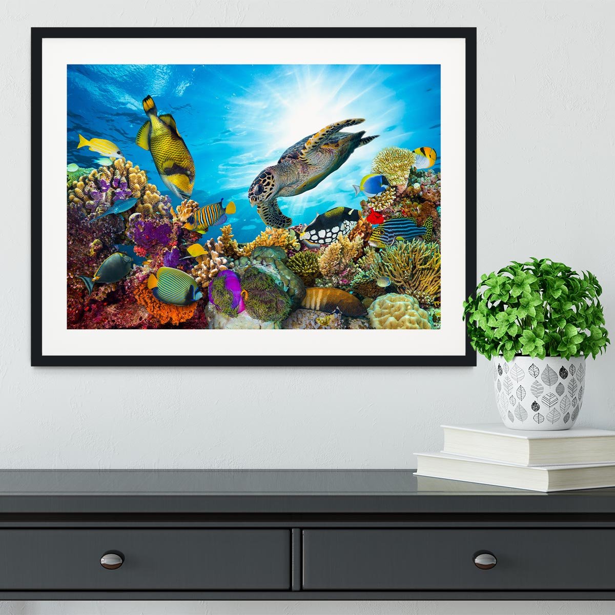 Reef with many fishes and sea turtle Framed Print - Canvas Art Rocks - 1