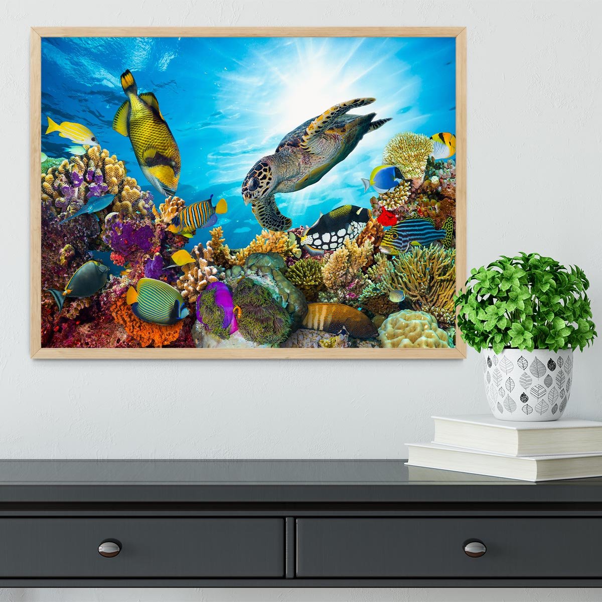 Reef with many fishes and sea turtle Framed Print - Canvas Art Rocks - 4