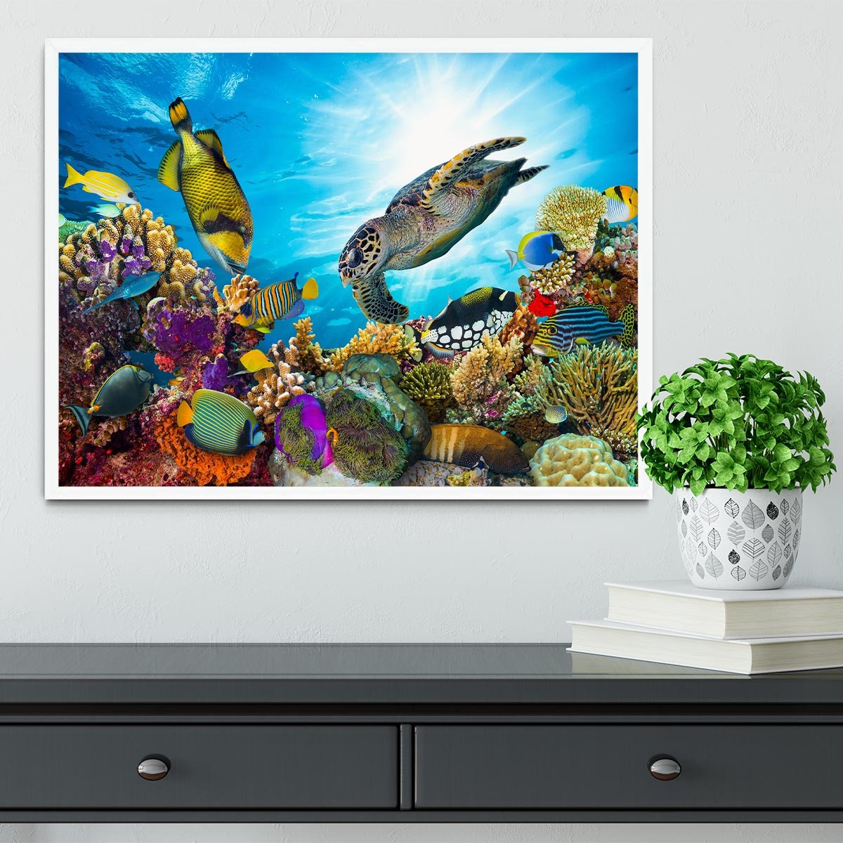 Reef with many fishes and sea turtle Framed Print - Canvas Art Rocks -6